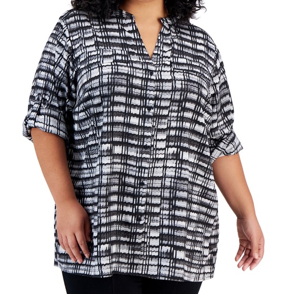 Calvin Klein Woman Black and White Button Down Shirt with Tab Long Sleeve 2X - Picture 6 of 6